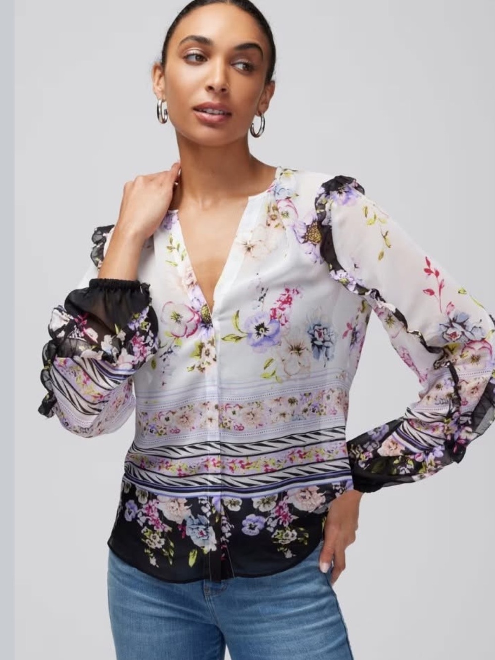 White House Black Market Floral Sheer Ruffle Sleeve Blouse Size Small
